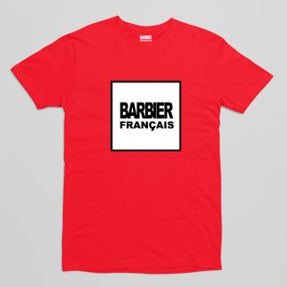 T-shirt à col rond imprimé barbier français en noir dans un carré blanc